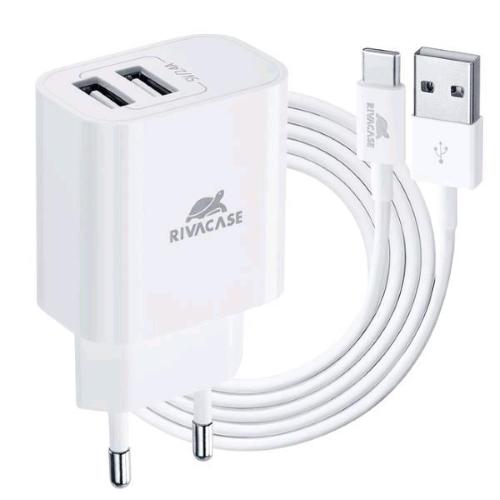 RIVACASE CARICABATTERIE DA RETE 12 W 2.4A - 2 x USB-A + CAVO DI RICARICA DA USB-A A USB-C 1 MT INCLUSO NELLA CONFEZIONE BIANCO