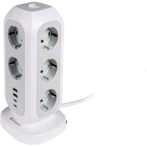 VERBATIM EUPT-01 POWER TOWER 15 IN 1 11 PRESE BIPASSO/SHUCKO + 2 x USB-A 2 x USB-C CON INTERRUTTORE CAVO 2 MT BIANCO/GRIGIO