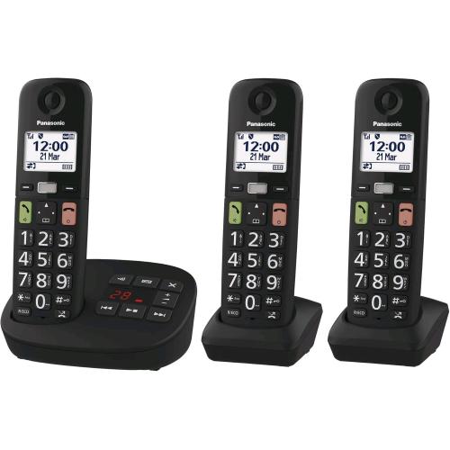 PANASONIC KX-TGU133EXB TELEFONO CORDLESS CON SEGRETERIA TASTI GRANDI UNITA' BASE 3 RICEVITORI GRANDE DISPLAY LCD COMPATIBILE CON APPARECCHI ACUSTICI NERO