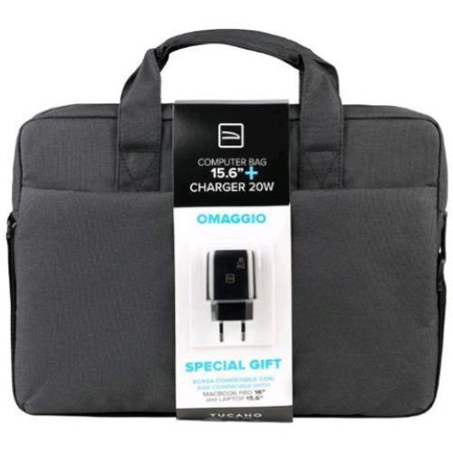 TUCANO KIT BORSA PER NOTEBOOK DA 15.6" TASCA FRONTALE CON TRACOLLA + ALIMENTATORE 20W USB/USBC NERO
