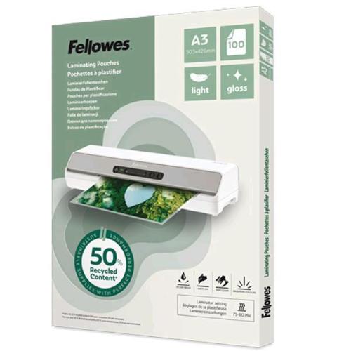 FELLOWES POUCHE DA 80 MICRON A3 RICICLATE 50% FINITURA LUCIDA TRASPARENTE CONF 100 Pz.