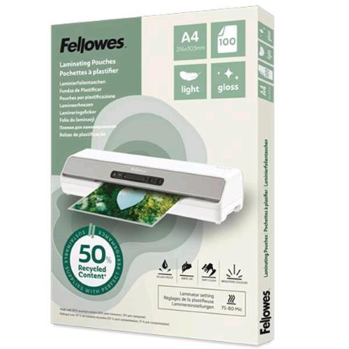 FELLOWES POUCHE DA 80 MICRON A4 RICICLATE 50% FINITURA LUCIDA TRASPARENTE CONF 100 Pz.
