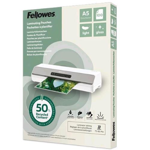 FELLOWES POUCHE DA 80 MICRON A5 RICICLATE 50% FINITURA LUCIDA TRASPARENTE CONF 100 Pz.