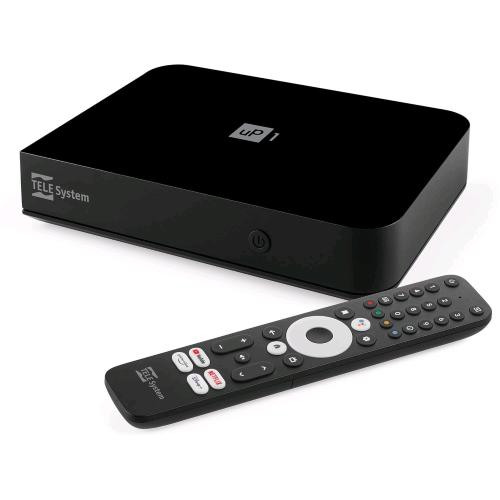 TELESYSTEM UP1 SMART BOX DECODER DIGITALE TERRESTRE ANDROID TV 4K ULTRA HD DVB-T2 HEVC, HDR10+ HLG, AV1 CERTIFICATO NETFLIX, PRIME VIDEO, DISNEY+, CHROMECAST BUILT-IN HDMI/SCART