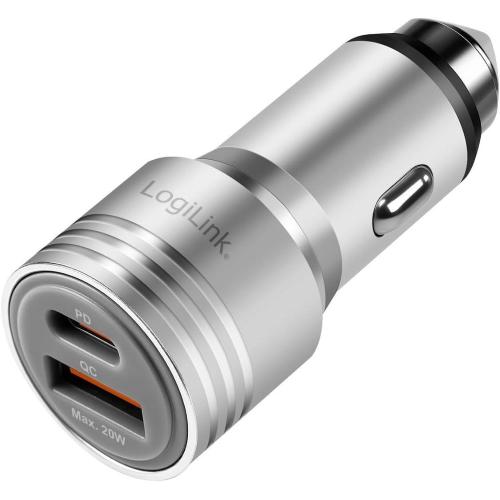 Caricabatteria da Auto con Doppia Porta USB, 20W, USB-A (QC), USB-C&trade; (PD), Argento
