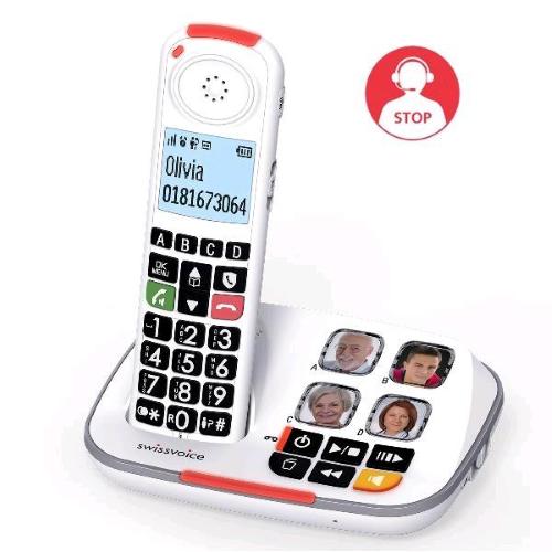 ALCATEL SWISSVOICE CORDLESS XTRA2355 CON SEGRETERIA SUONERIA EXTRA FORTE FINOA 90Db TASTI GRANDI TASTI MEMORIA CON FOTO COMPATIBILE CON APPARECCHI ACUSTICI BIANCO