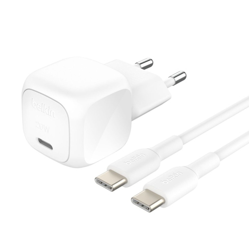 BELKIN CARICABATTERIE DA RETE USB-C 20W + CAVO USB-C MASCHIO/MASCHIO 1 MT BIANCO
