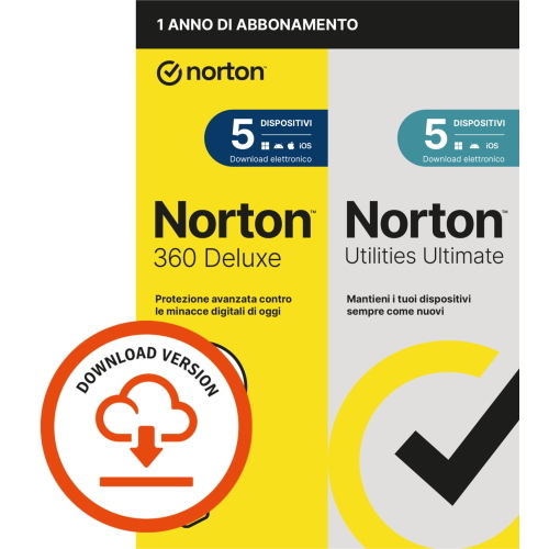 NORTON 360 DELUXE 2026 -ANTITRUFFA- 5 DISPOSITIVI 12 MESI 50GB + UTILITIES ULTIMATE - IT ESD