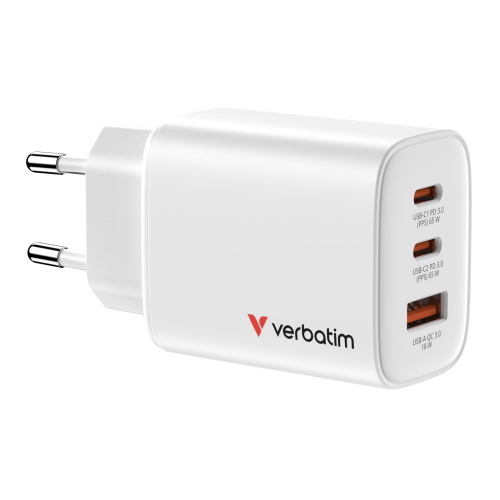 VERBATIM ESSENTIALS CARICABATTERIE DA RETE GaN 65 W 2 x USB-C 1 x USB-A BIANCO
